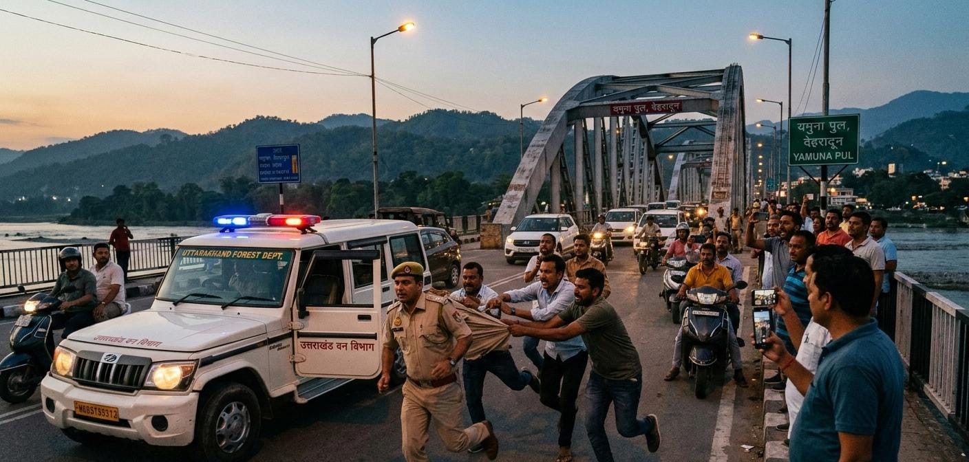 विकासनगर के यमुना पुल पर वन विभाग के SDO राजीव नयन नौटियाल के साथ मारपीट और धक्का-मुक्की का वायरल वीडियो दृश्य।