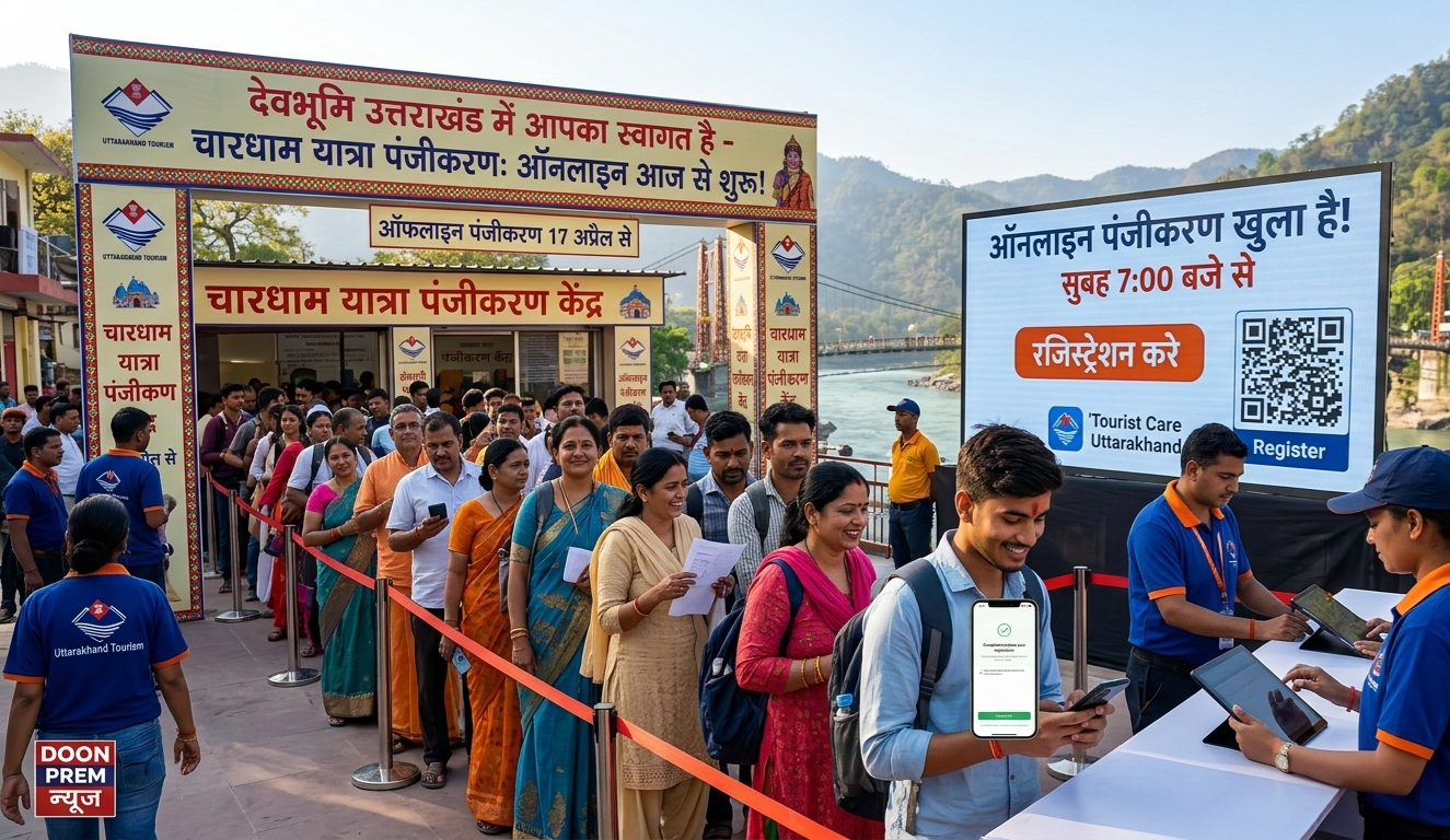 उत्तराखंड चारधाम यात्रा 2026 के लिए ऑनलाइन पंजीकरण करवाते श्रद्धालु और पंजीकरण केंद्र का दृश्य।