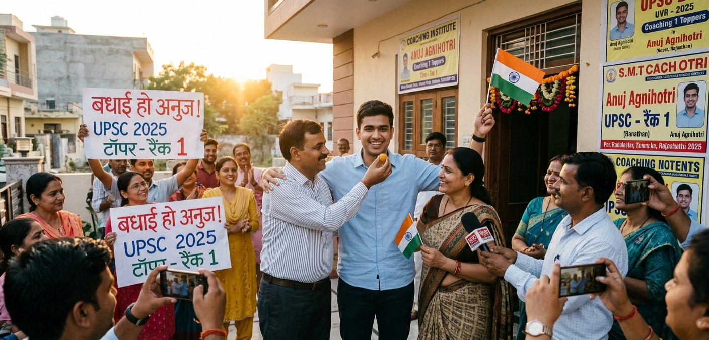 UPSC 2025 topper Anuj Agnihotri celebrating with family and media after securing AIR 1