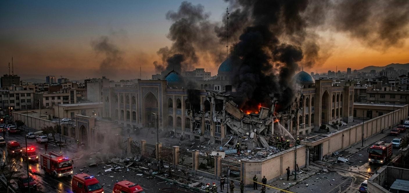 Aerial view of destroyed building in Tehran with black smoke and emergency vehicles after missile strike