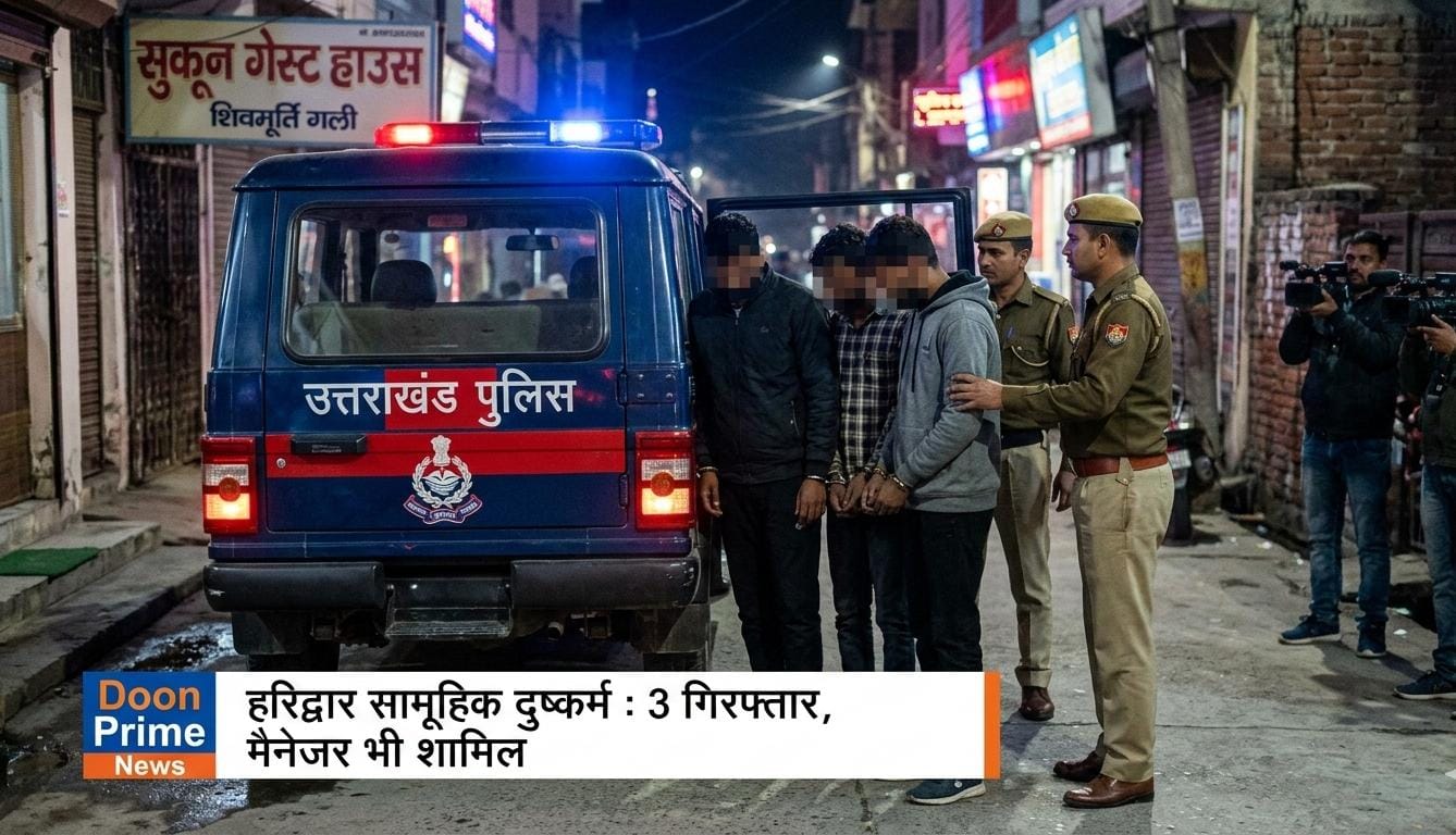 हरिद्वार में सामूहिक दुष्कर्म के आरोपियों को ले जाती पुलिस।