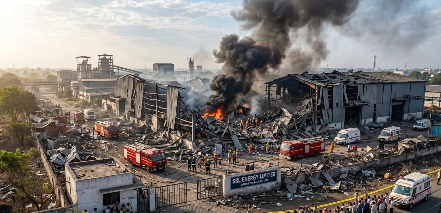 Nagpur SBL Energy factory explosion site with debris and emergency services