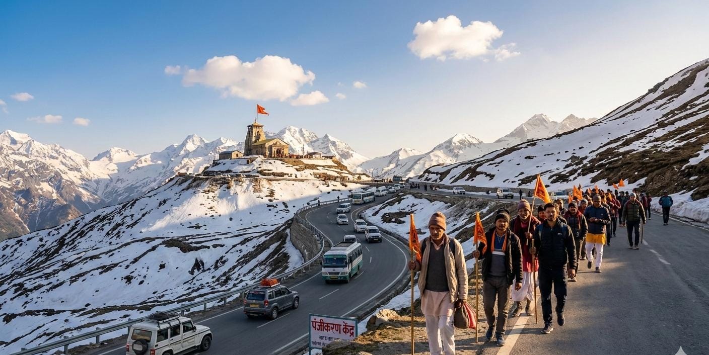 चारधाम यात्रा 2026 के लिए केदारनाथ मार्ग पर पैदल चलते श्रद्धालु और वाहन