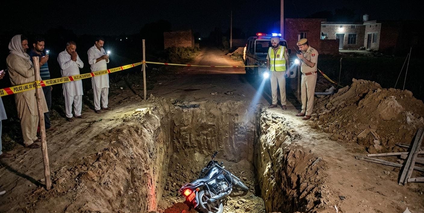 जालंधर के कंगनीवाल में 15 फीट गहरे गड्ढे में गिरी बाइक, पुलिस जांच करते हुए