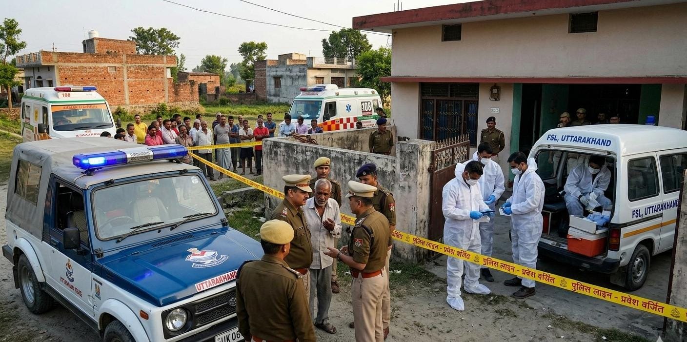 "Police and FSL team investigating a crime scene in Khatima, Udham Singh Nagar, Uttarakhand with an ambulance and police vehicle."