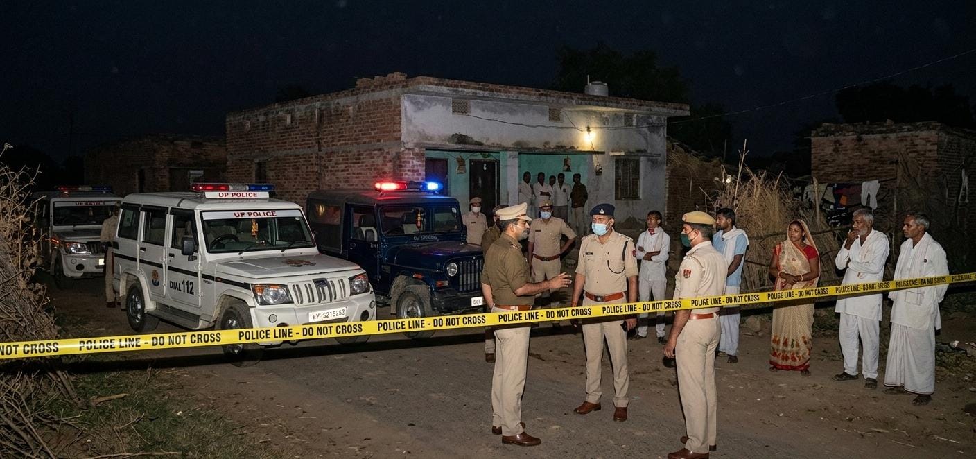 बहराइच के गांव में पुलिस की घेराबंदी और फॉरेंसिक जांच का दृश्य, जहां एक युवक ने कुल्हाड़ी से परिवार की हत्या की। (Police investigation scene at Bahraich village where four family members were killed over property dispute.)