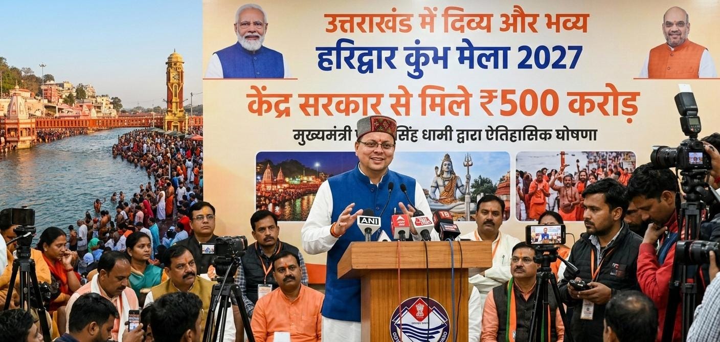 मुख्यमंत्री पुष्कर सिंह धामी हरिद्वार कुंभ 2027 के लिए 500 करोड़ रुपये के बजट की घोषणा करते हुए और बैकग्राउंड में कुंभ मेले का दृश्य।