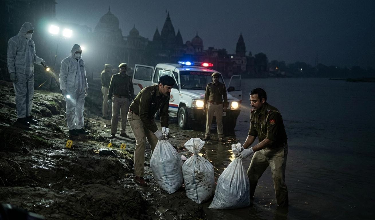 "पुलिस टीम रात के समय यमुना नदी के तट पर फॉरेंसिक लाइटों के साथ सबूत और तीन कट्टे तलाशती हुई, जो द्वारका मर्डर मिस्ट्री की ओर इशारा करते हैं।"