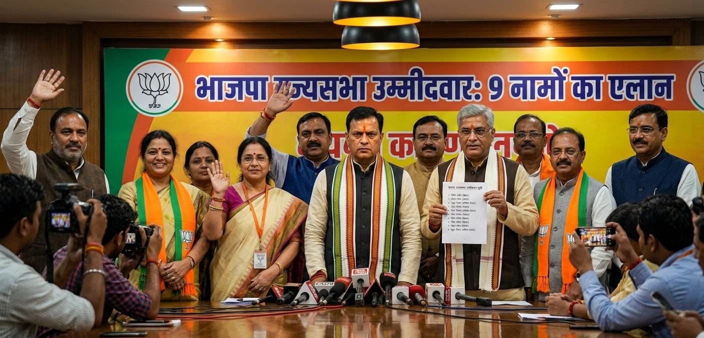 "भाजपा नेताओं द्वारा प्रेस कॉन्फ्रेंस में राज्यसभा उम्मीदवारों की सूची जारी करने का प्रतीकात्मक दृश्य।"