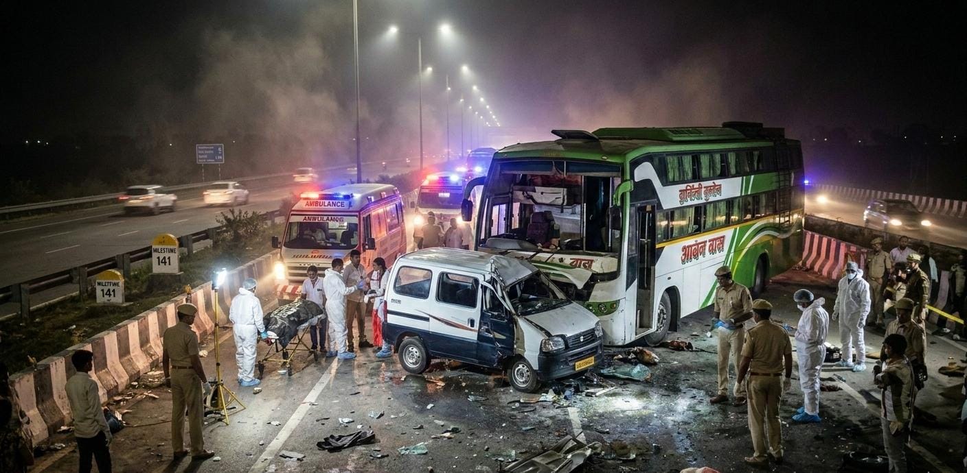 "यमुना एक्सप्रेसवे पर भीषण बस-वैन टक्कर के बाद का मंजर, जहाँ क्षतिग्रस्त ईको वैन और पुलिस टीम रेस्क्यू ऑपरेशन में जुटी है।"