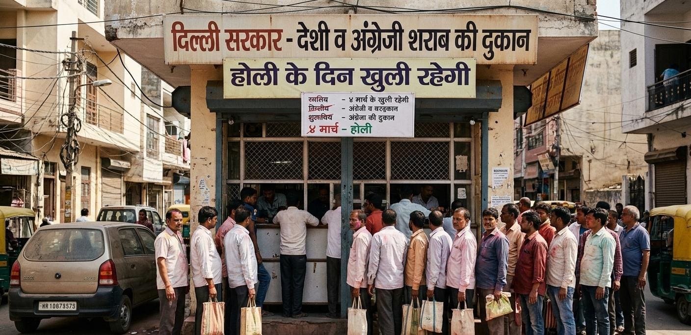 दिल्ली में होली के दिन खुली शराब की दुकान के बाहर लगी भीड़ और सरकार का नया आदेश।