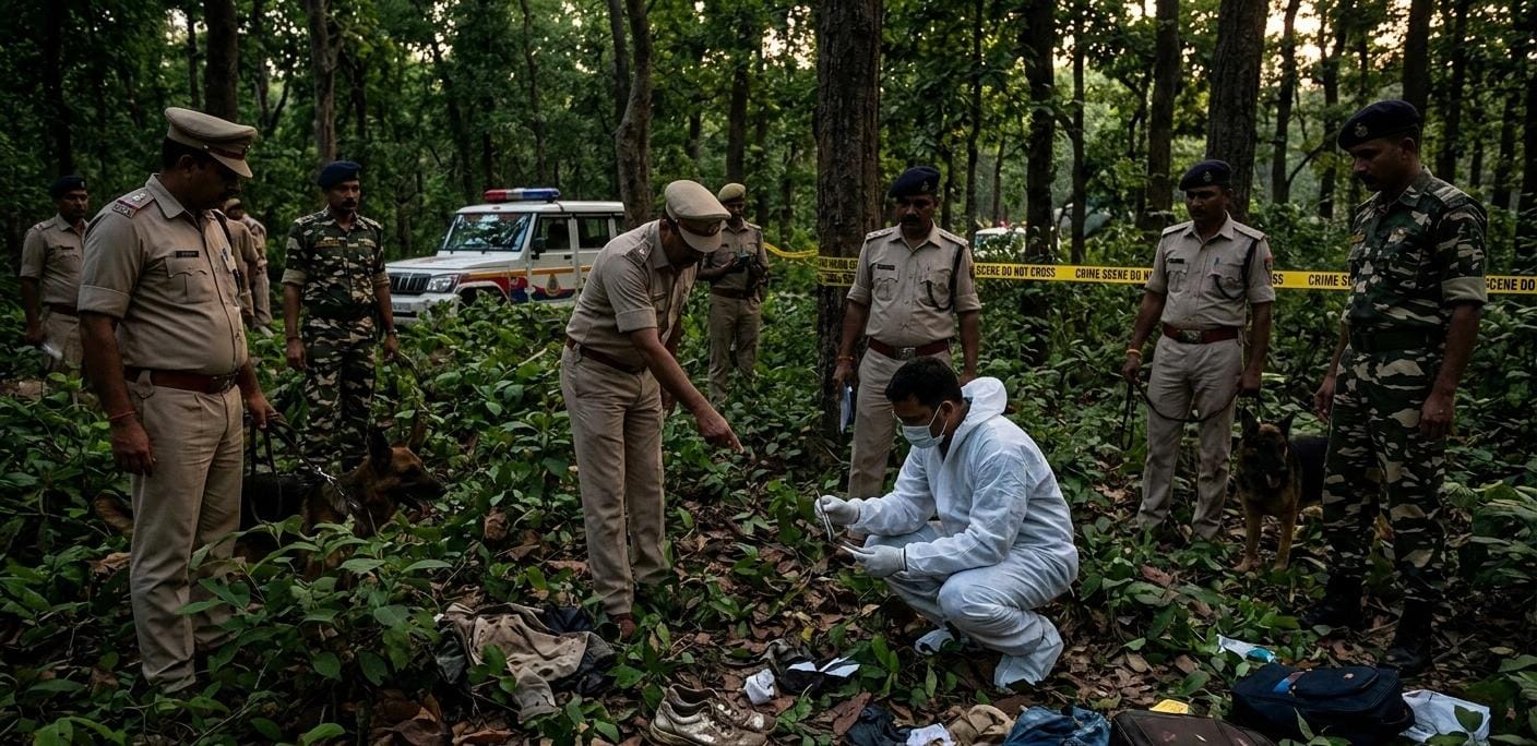 श्रावस्ती पुलिस और फॉरेंसिक टीम ककरदरी जंगल में आंचल मिश्रा के अवशेषों की जांच करते हुए