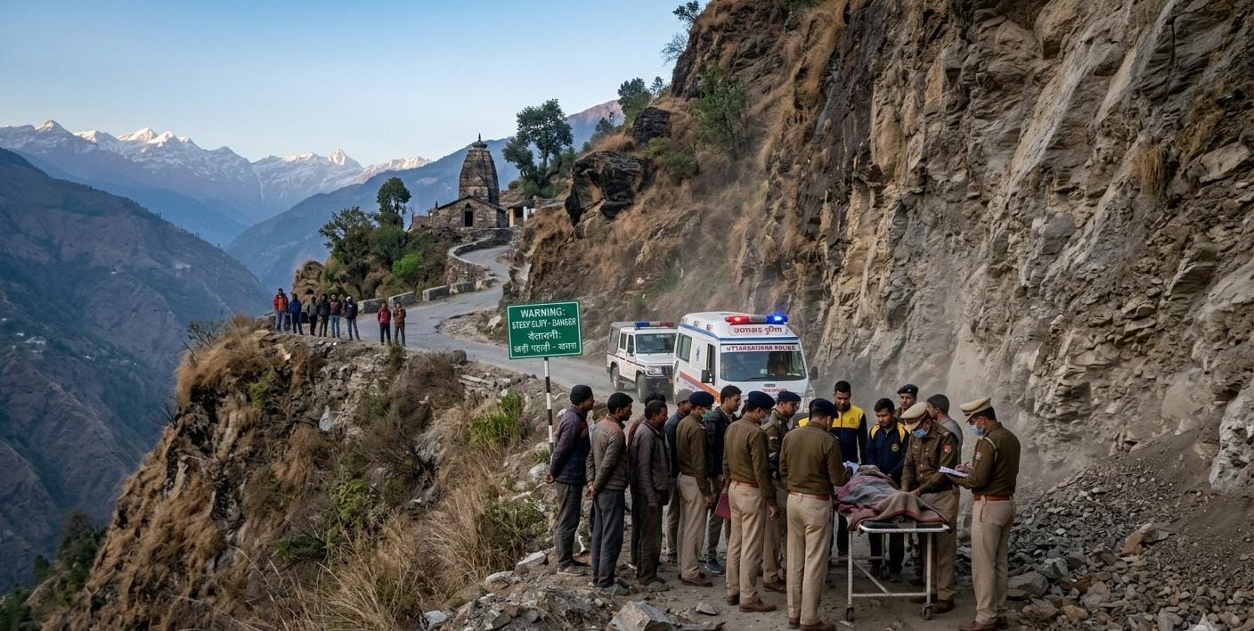 उत्तरकाशी के कुटेटी मंदिर के पास जसपुर सिल्याण मार्ग पर पहाड़ी से गिरने के बाद रेस्क्यू ऑपरेशन का दृश्य।