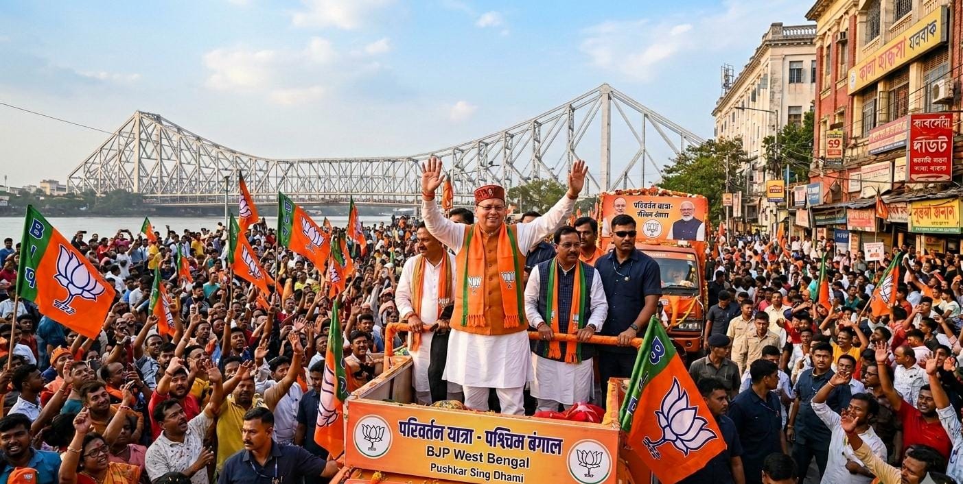 पश्चिम बंगाल में भाजपा की परिवर्तन यात्रा के दौरान रथ पर सवार मुख्यमंत्री पुष्कर सिंह धामी और समर्थकों की भीड़।