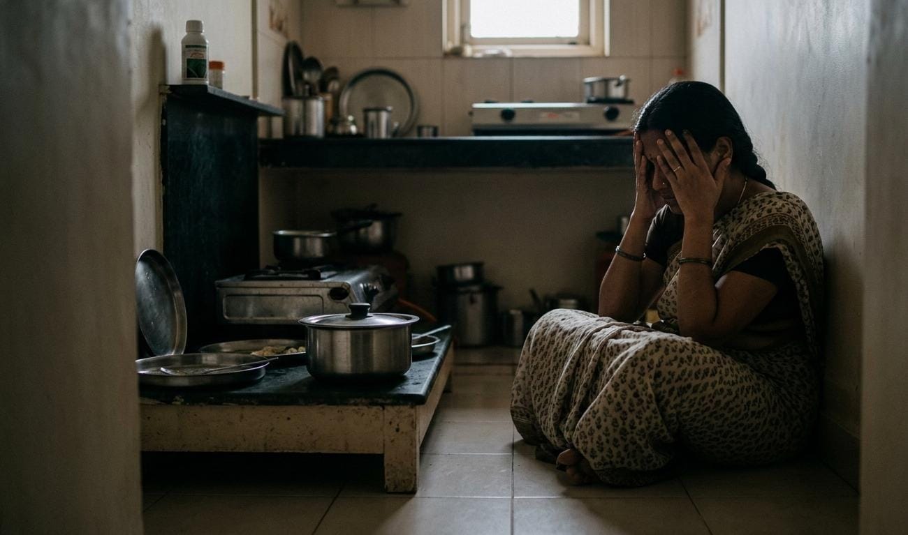 बेंगलुरु की एक रसोई में फर्श पर बैठी एक दुखी और हताश भारतीय महिला का प्रतीकात्मक चित्रण, जो घरेलू कलह और मानसिक पीड़ा को दर्शाता है।