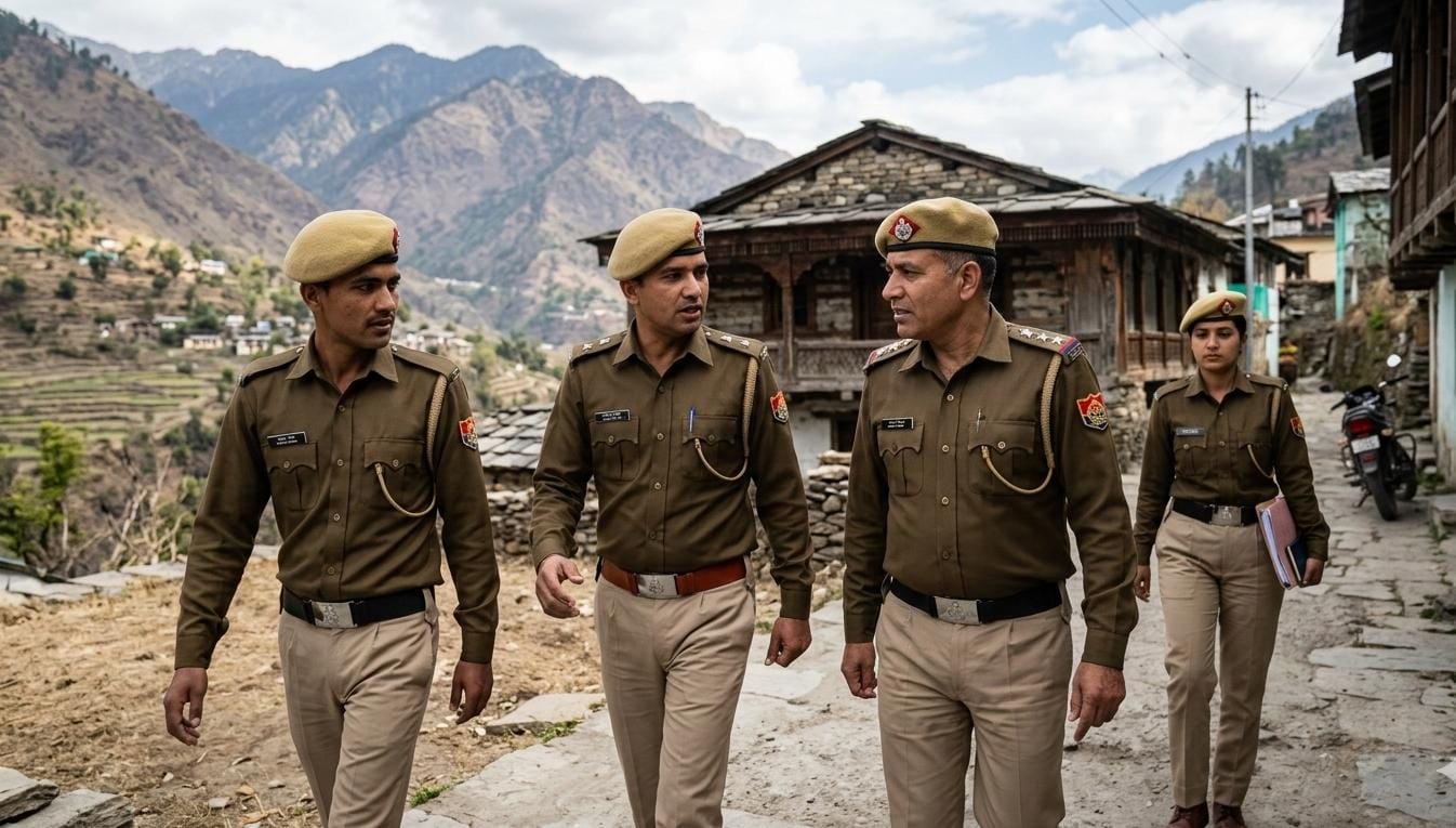 चमोली के ओडर गांव में जांच करती उत्तराखंड पुलिस की टीम।