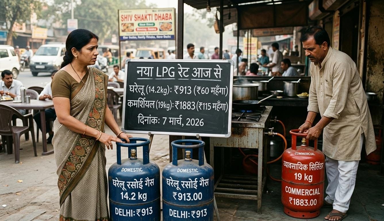 एक भारतीय महिला और एक हलवाई के पास रखे घरेलू और कमर्शियल एलपीजी सिलेंडर जिन पर नई दरें 913 और 1883 रुपये लिखी हैं।