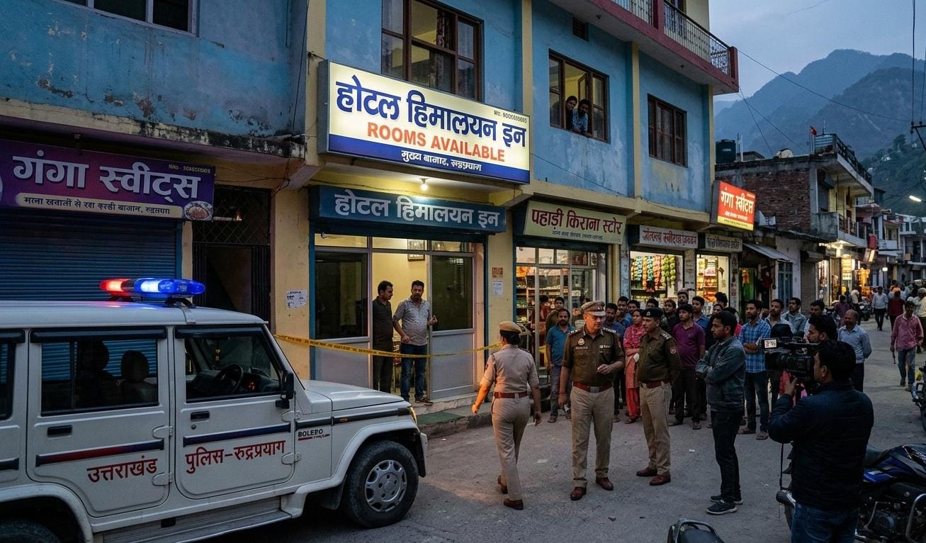 रुद्रप्रयाग के मुख्य बाजार स्थित 'होटल हिमालयन इन' के बाहर खड़ी उत्तराखंड पुलिस की बोलेरो गाड़ी और जांच करते पुलिस अधिकारी। होटल के बाहर पीली क्राइम सीन टेप लगी है और स्थानीय लोग जमा हैं।