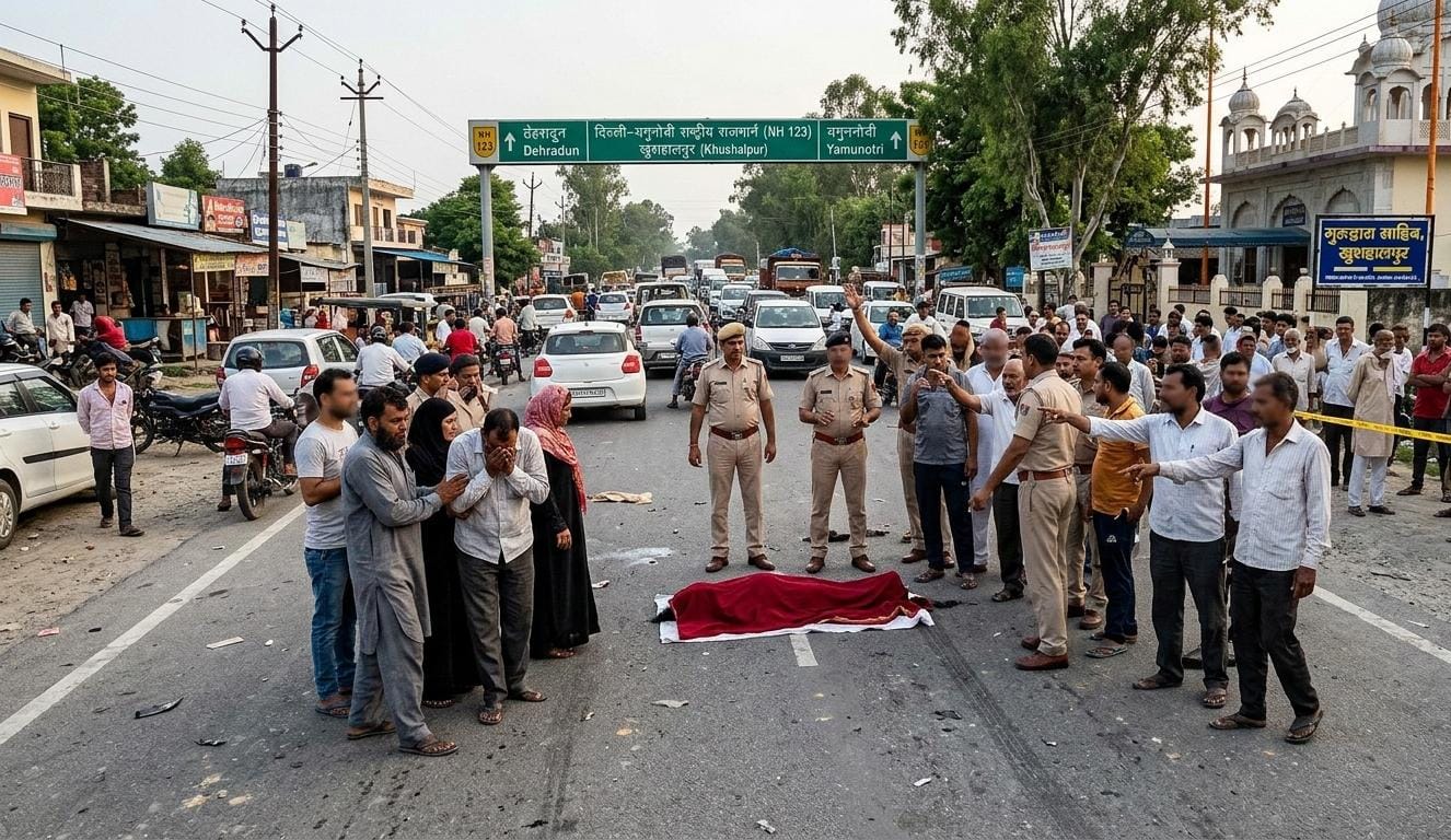 दिल्ली-यमुनोत्री हाईवे, खुशहालपुर पर सड़क दुर्घटना के बाद का दृश्य। सड़क पर एक चादर से ढका हुआ शव पड़ा है, पुलिस अधिकारी मौजूद हैं और दुखी परिजन तथा ग्रामीण सड़क के किनारे जमा हैं। पृष्ठभूमि में एक गुरुद्वारा और सड़क के संकेत बोर्ड दिखाई दे रहे हैं।