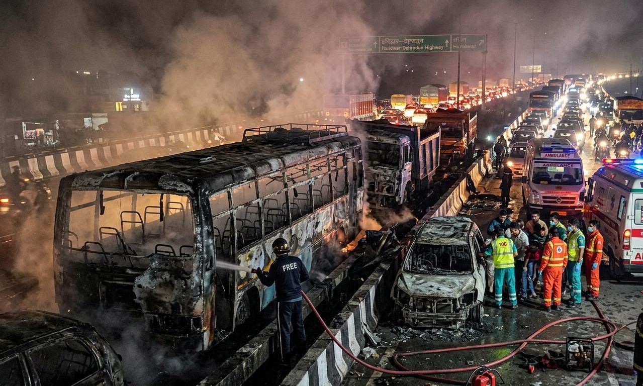 हरिद्वार मोतीचूर फ्लाईओवर पर दुर्घटनाग्रस्त और जलती हुई उत्तराखंड रोडवेज की बस और क्षतिग्रस्त वाहन, चारों ओर धुआं और बचाव दल।