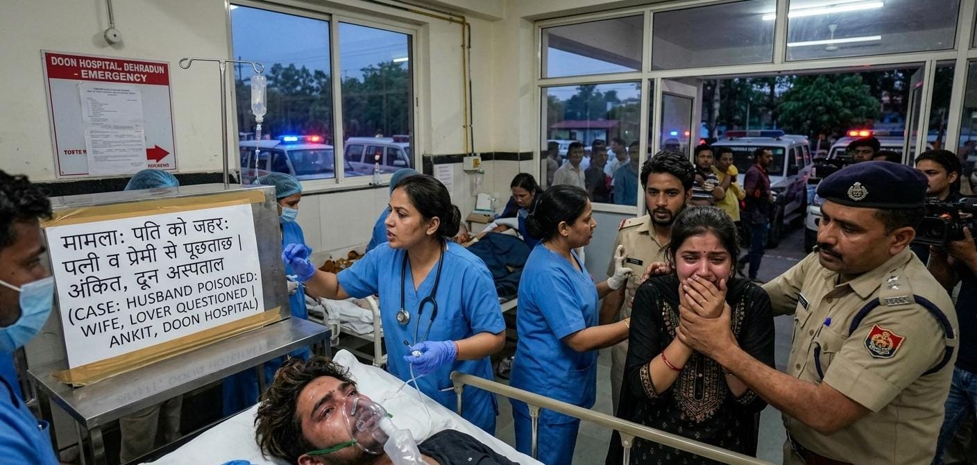 देहरादून पुलिस द्वारा एक महिला को गिरफ्तार कर ले जाते हुए एक न्यूज़-स्टाइल फोटो। महिला रो रही है और पुलिस उसे पटेलनगर कोतवाली के बाहर ले जा रही है। बगल में एक सूचना बोर्ड लगा है जिस पर घटना से जुड़ी जानकारी हिंदी में लिखी है।"