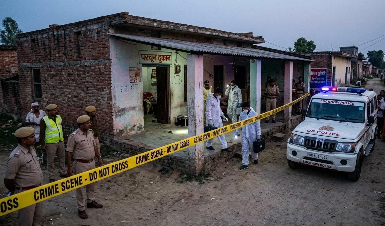 "लखनऊ के सिसेंडी गांव में एक घर के बाहर खड़ी यूपी पुलिस की गाड़ी और क्राइम सीन के चारों ओर लगी पीली सुरक्षा टेप, जहाँ फॉरेंसिक टीम और पुलिसकर्मी जांच कर रहे हैं।"