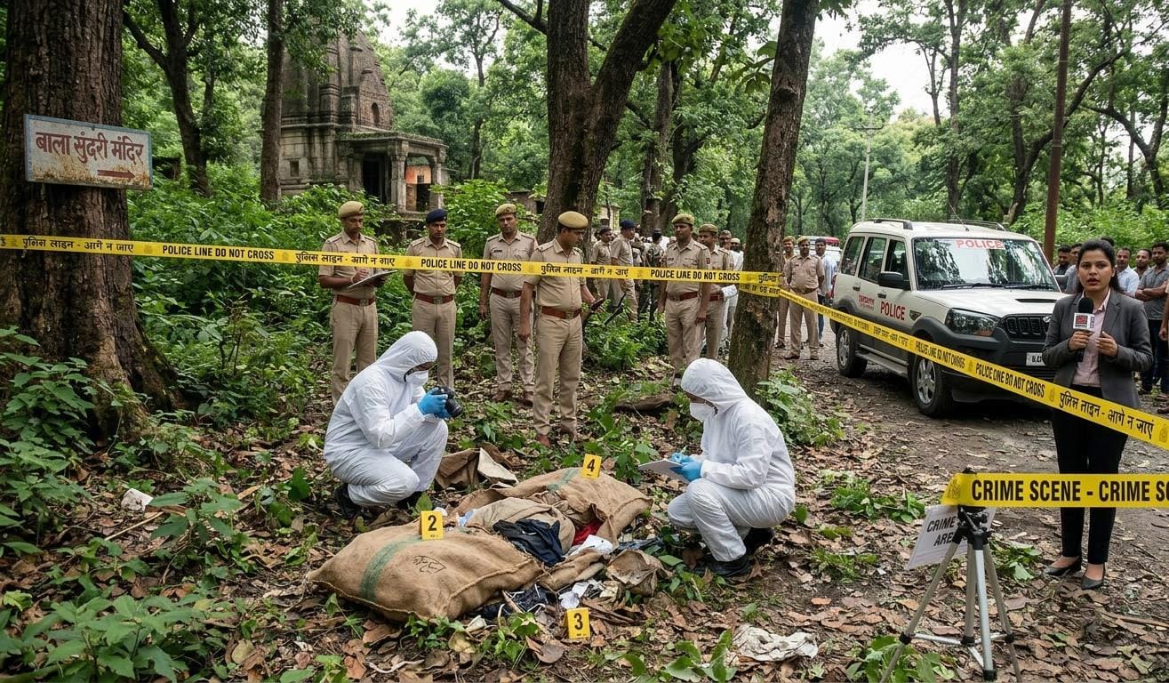 देहरादून के प्रेमनगर जंगल में क्राइम सीन पर जांच करती पुलिस और फॉरेंसिक टीम, पास में रखा संदिग्ध बोरा और पुलिस की पीली टेप।
