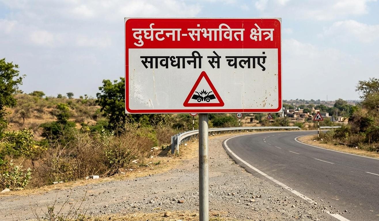 "सड़क के किनारे एक लाल और सफेद रंग का साइनबोर्ड जिस पर हिंदी में 'दुर्घटना-संभावित क्षेत्र, सावधानी से चलाएं' लिखा है, पीछे एक खाली घुमावदार सड़क दिखाई दे रही है।"