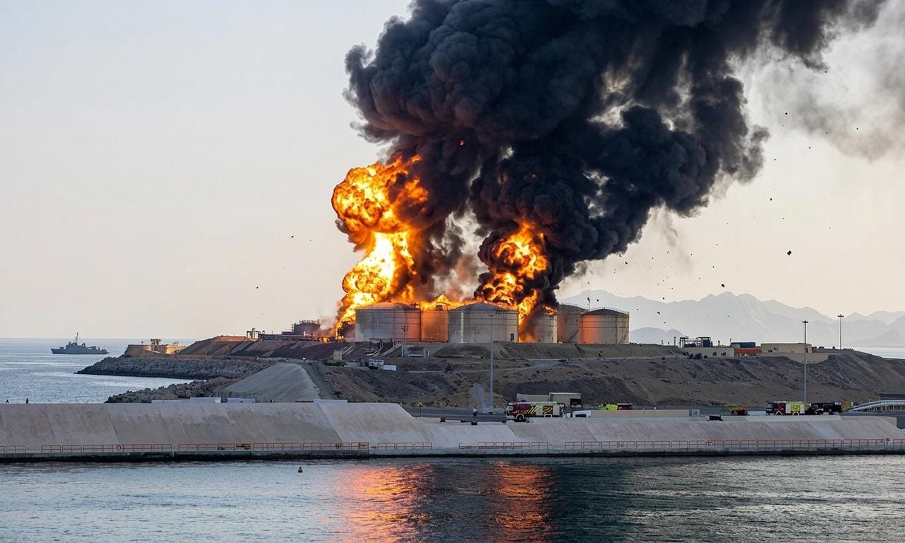 ओमान के सलालाह बंदरगाह पर ईरान का ड्रोन हमला, जलते हुए तेल के टैंक और काला धुआं।