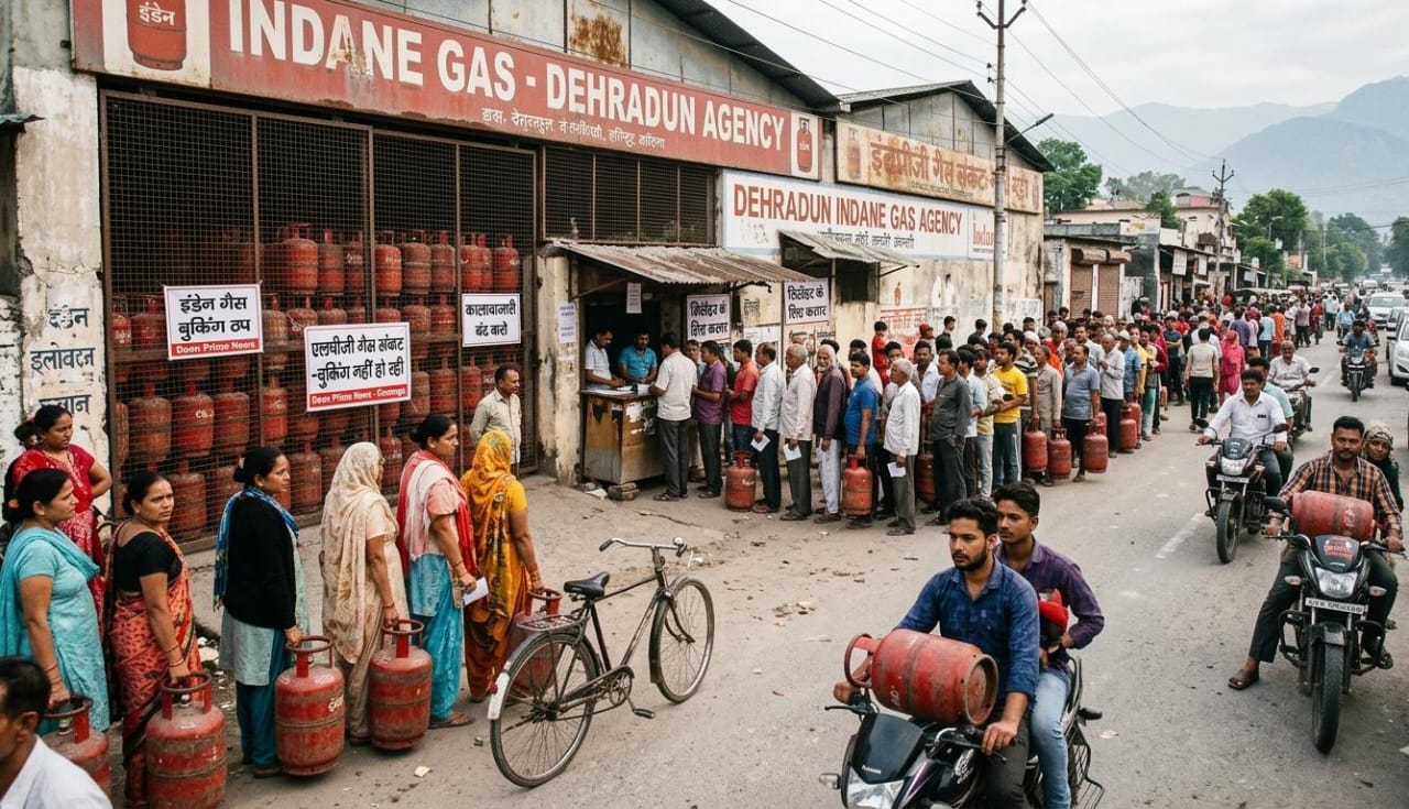 देहरादून गैस एजेंसी के बाहर सिलिंडर के लिए कतार में खड़े लोग।