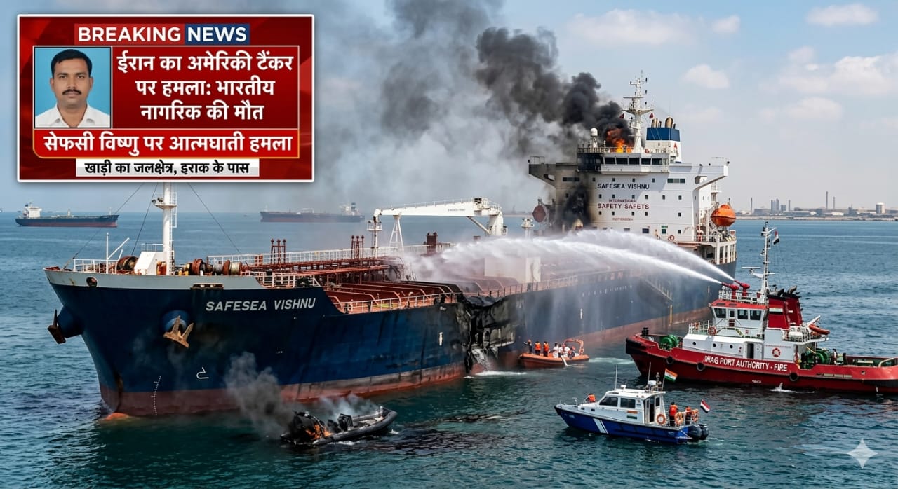 धुएं से घिरा समुद्र में जलता हुआ तेल टैंकर और पास में बचाव नौकाएं, ईरान-अमेरिका संघर्ष का प्रतीकात्मक चित्रण।