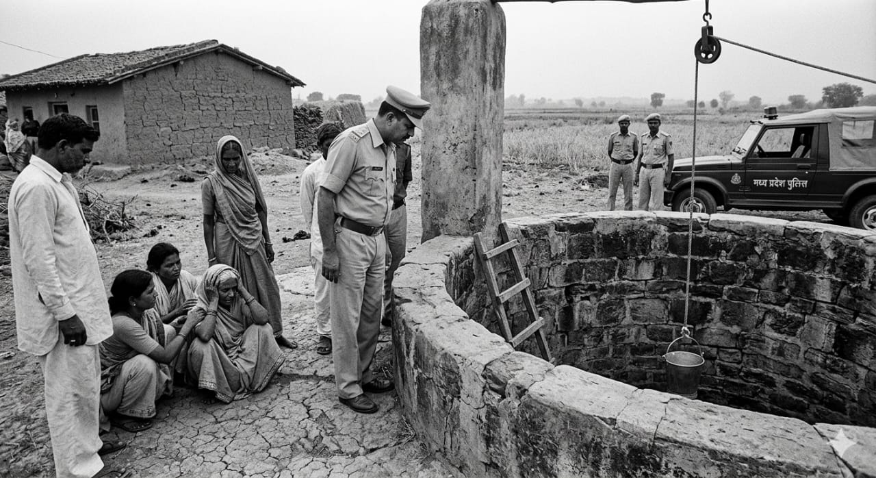 मध्य प्रदेश के सागर जिले के केसली में उस कुएं के पास खड़ी पुलिस और ग्रामीण जहां एक महिला ने अपनी 4 बेटियों के साथ जान दे दी।