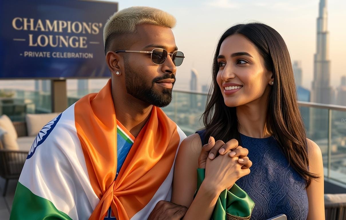 भारतीय क्रिकेटर हार्दिक पांड्या अपने कंधे पर भारतीय राष्ट्रीय ध्वज लपेटे हुए और अपनी साथी माहिका शर्मा का हाथ थामे हुए एक लग्जरी लाउंज में खड़े हैं।