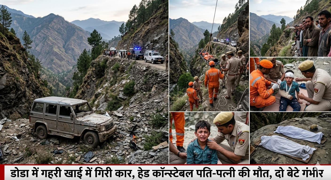 जम्मू-कश्मीर के डोडा में भद्रवाह-बानी सड़क पर खाई में गिरी पुलिस हेड कांस्टेबल की कार का दृश्य।