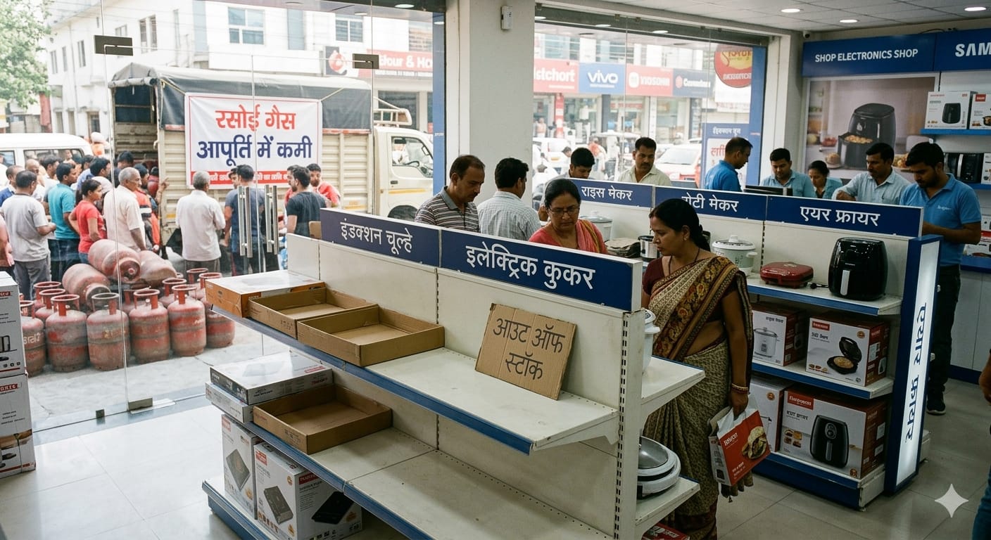 देहरादून के एक इलेक्ट्रॉनिक स्टोर में इंडक्शन चूल्हे और इलेक्ट्रिक कुकर की खाली अलमारियां और बाहर गैस सिलिंडर की किल्लत का दृश्य।