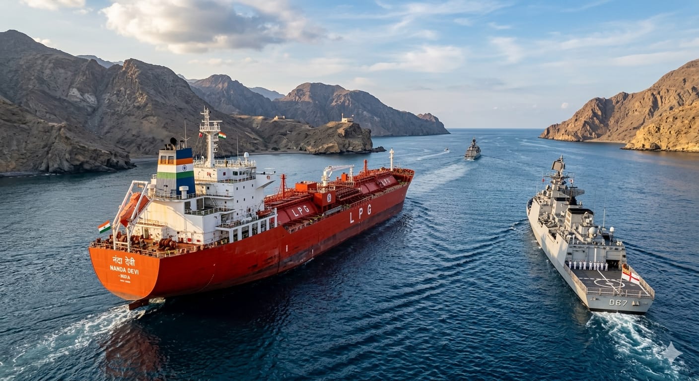 होर्मुज जलडमरूमध्य में भारतीय नौसेना युद्धपोत के साथ चलता भारतीय LPG टैंकर जहाज 'नंदा देवी'