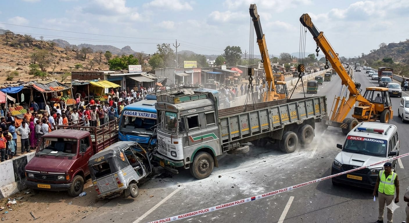 हजारीबाग के चरही मोड़ पर भीषण सड़क हादसे के बाद क्रेन से हटाया जाता दुर्घटनाग्रस्त ट्रेलर और मलबे का दृश्य |