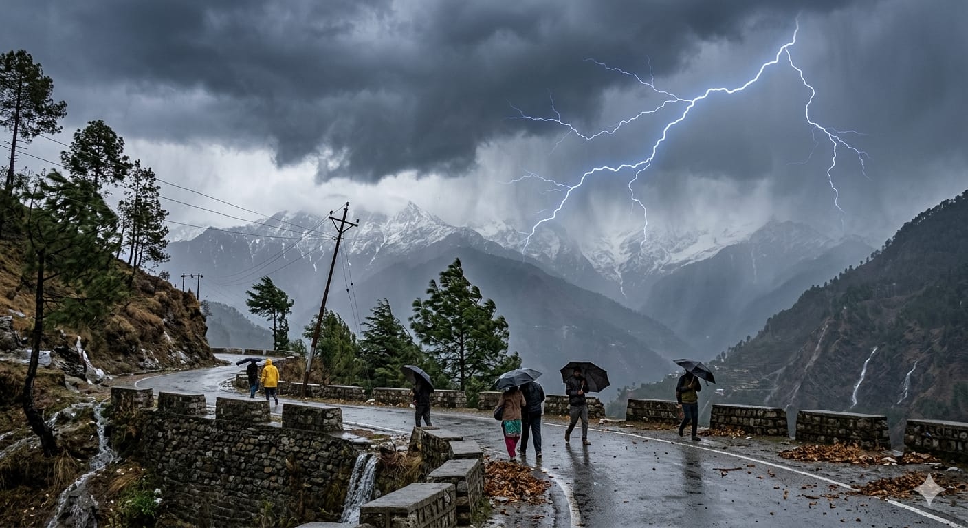 उत्तराखंड के पहाड़ों पर काले बादल, बारिश और बिजली कड़कने का दृश्य - मौसम का अलर्ट।