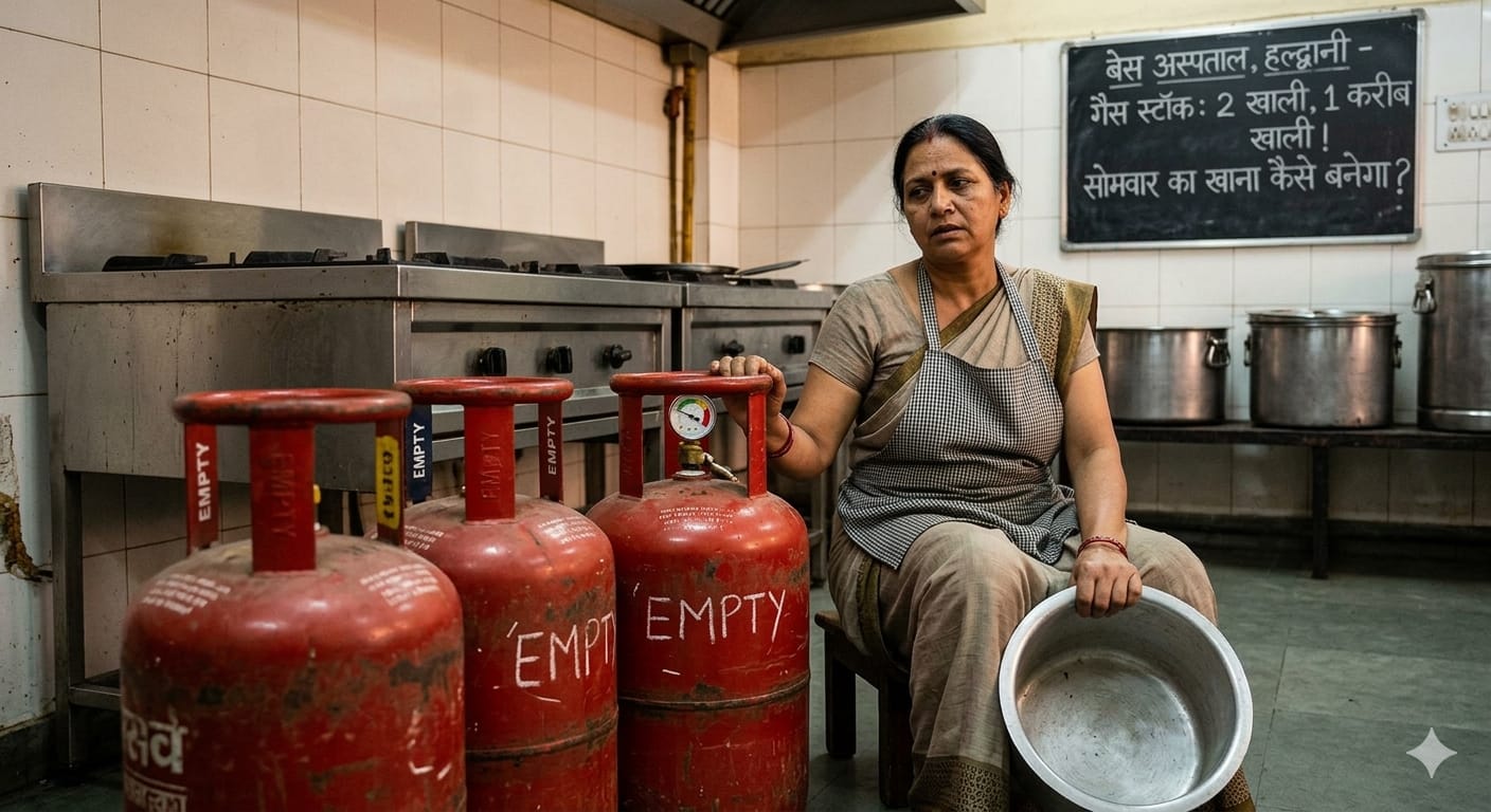 हल्द्वानी के बेस अस्पताल की कैंटीन में खाली गैस सिलेंडर और परेशान कर्मचारी का दृश्य