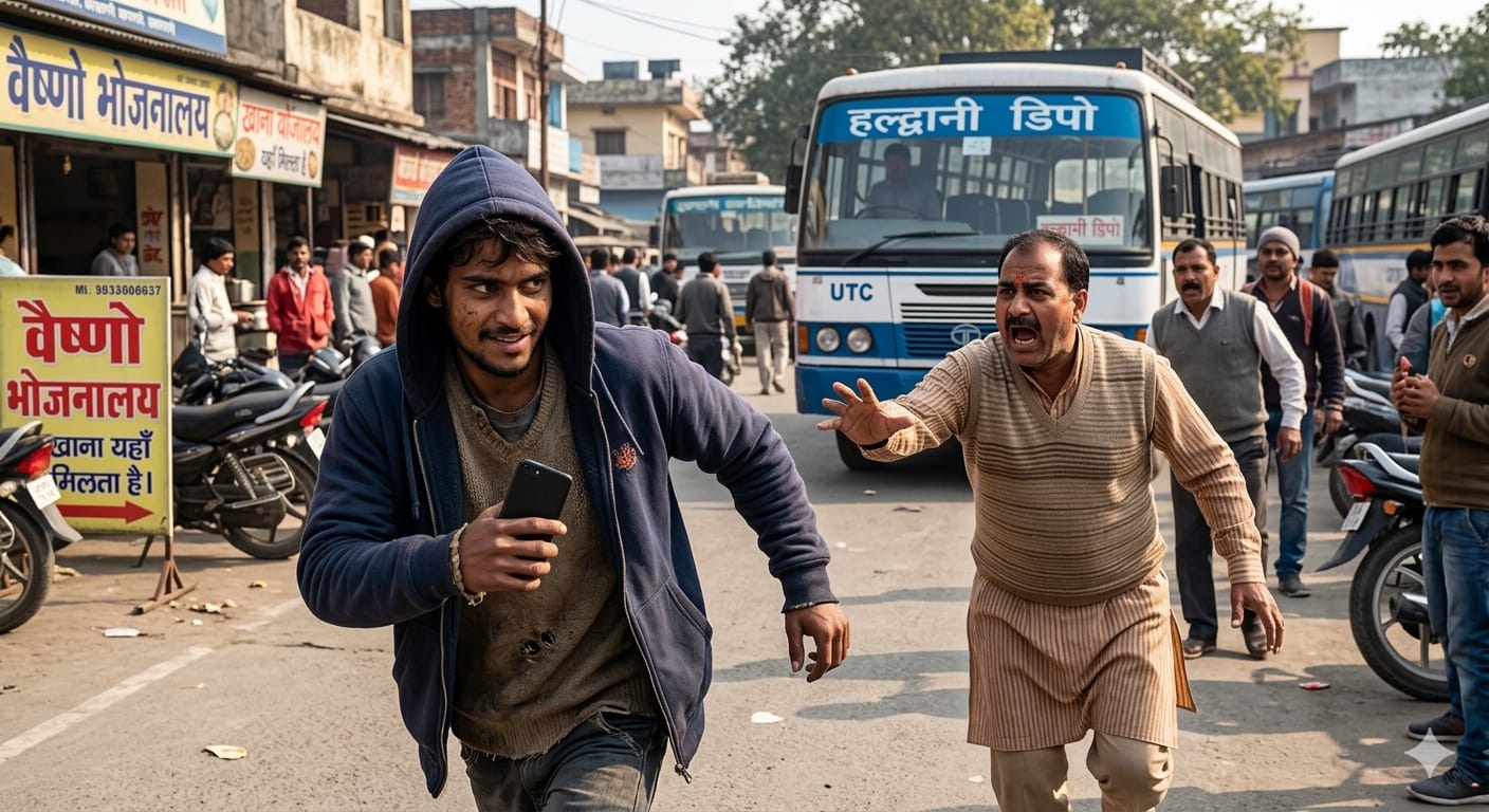 "हल्द्वानी रोडवेज बस स्टेशन के पास मोबाइल छीनकर भागता हुआ चोर और परेशान पीड़ित व्यक्ति।"