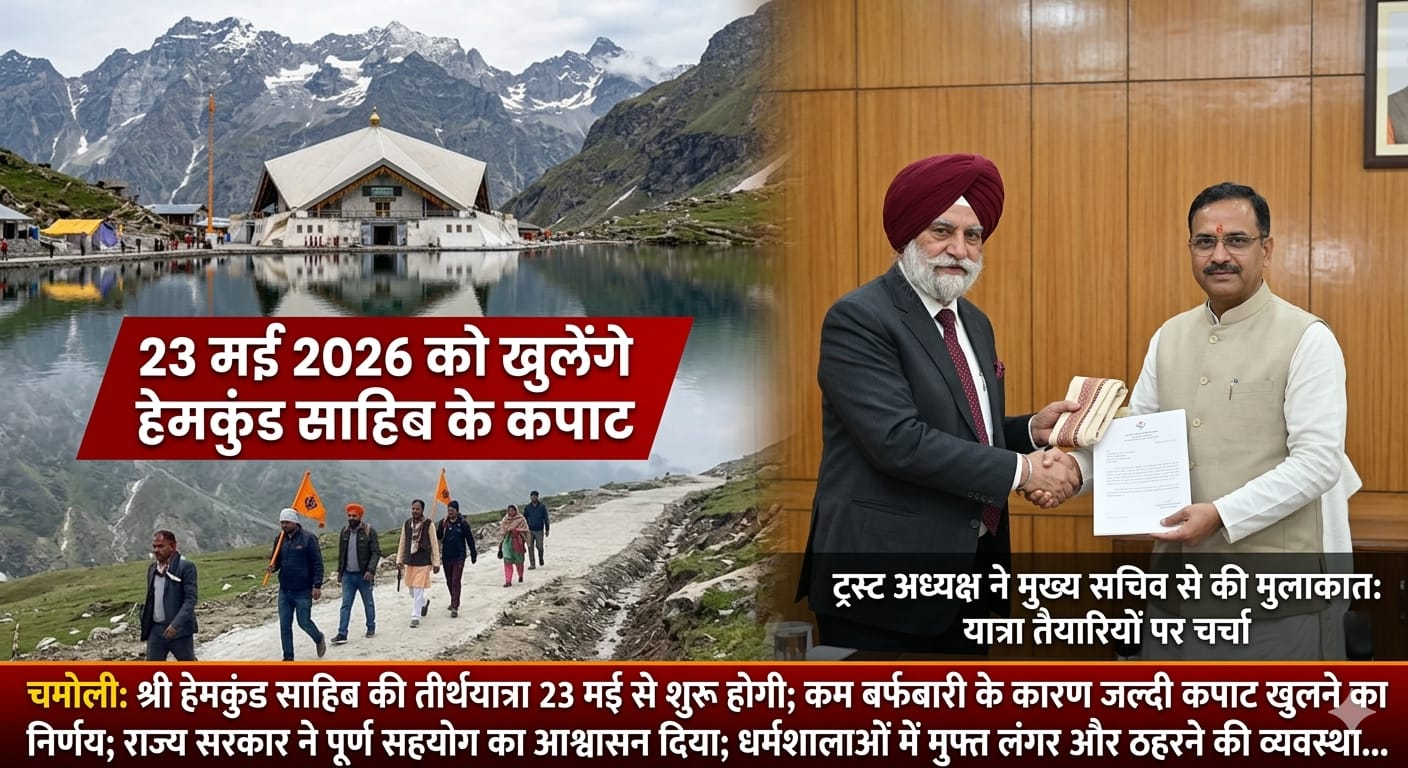चमोली उत्तराखंड में बर्फ से ढकी पहाड़ियों के बीच श्री हेमकुंड साहिब गुरुद्वारा; 23 मई 2026 को कपाट खुलने की खबर।
