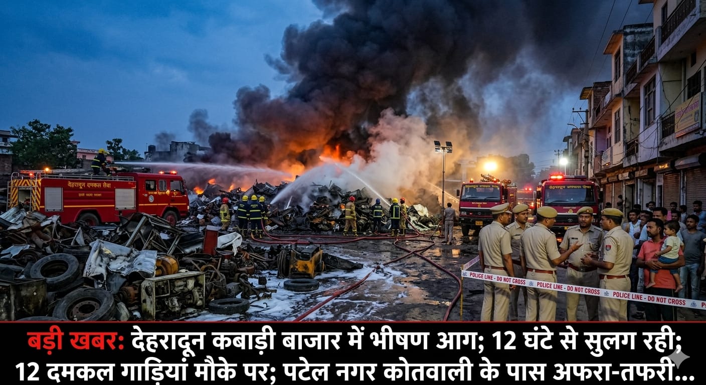 देहरादून के पटेलनगर कबाड़ी बाजार में भीषण आग का दृश्य; धुआं बुझाते दमकलकर्मी और घटनास्थल पर मौजूद पुलिस बल।