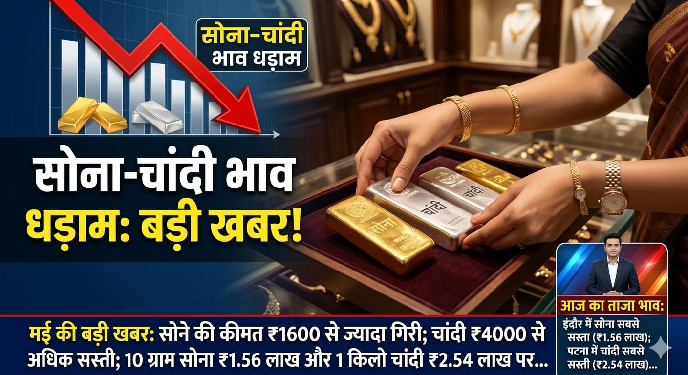 ज्वेलरी शॉप में रखे सोने के बिस्किट और चांदी की सिल्लियां; कीमतों में भारी गिरावट को दर्शाता ग्राफ।