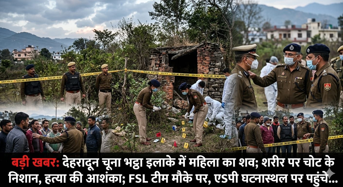 देहरादून के चूना भट्ठा इलाके में एक खंडहर के पास खड़ी उत्तराखंड पुलिस की गाड़ी; फॉरेंसिक टीम साक्ष्य जुटाती हुई।