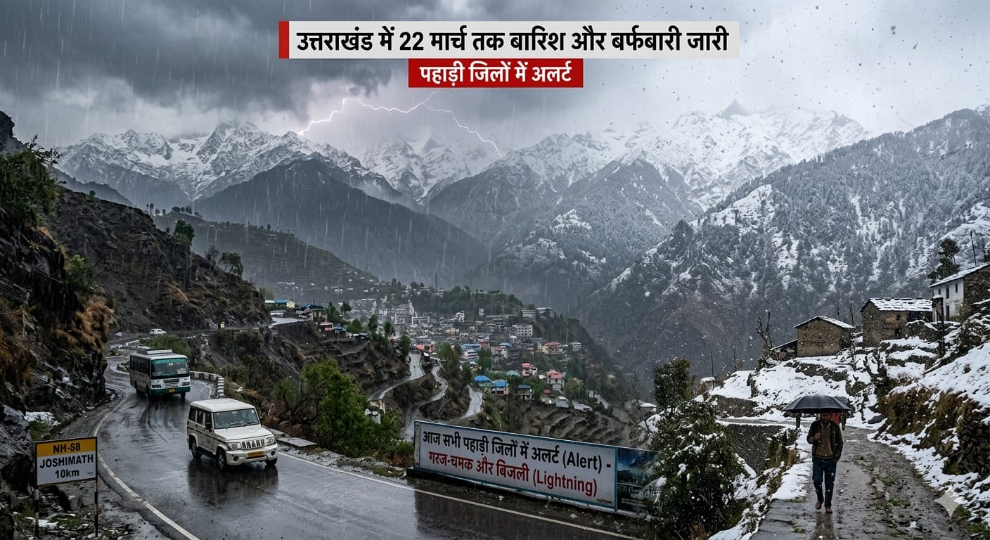 उत्तराखंड के पहाड़ों में बर्फबारी और बारिश का दृश्य, पहाड़ी रास्तों पर अलर्ट और खराब मौसम की सांकेतिक तस्वीर।