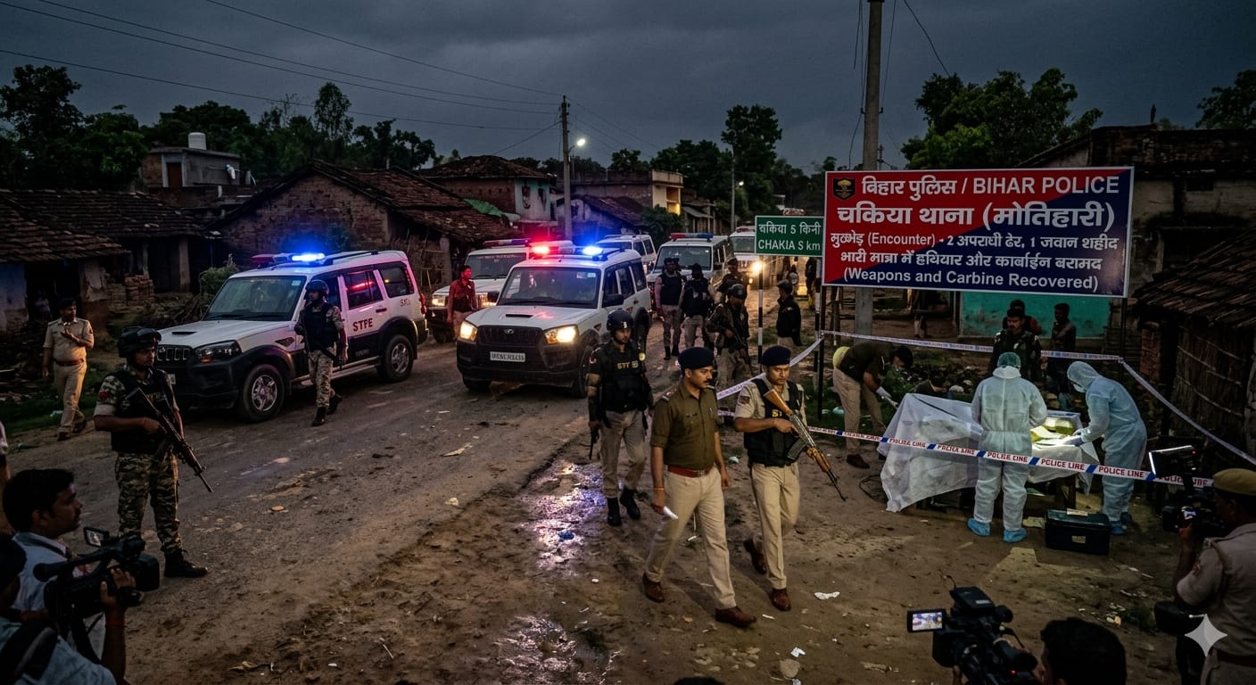 मोतिहारी के चकिया में पुलिस और अपराधियों के बीच मुठभेड़ का दृश्य, पुलिस बल की तैनाती और घटनास्थल की घेराबंदी।