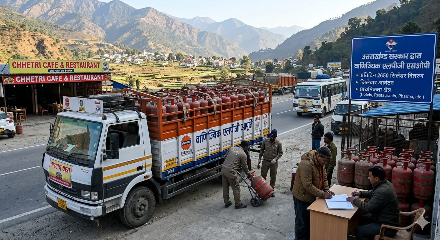 उत्तराखंड में चारधाम यात्रा के दौरान कमर्शियल गैस सिलेंडर वितरण और आपूर्ति के लिए सरकारी ट्रक और वर्कर।