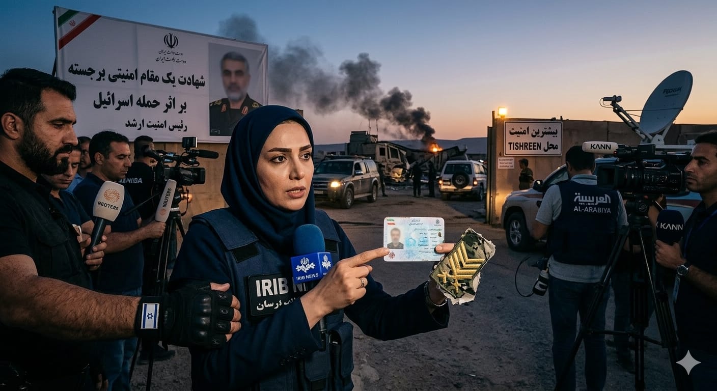 ईरान के सुरक्षा प्रमुख पर हमले के बाद घटनास्थल पर रिपोर्टिंग करते न्यूज़ रिपोर्टर्स और नष्ट हुए सैन्य वाहन का दृश्य।