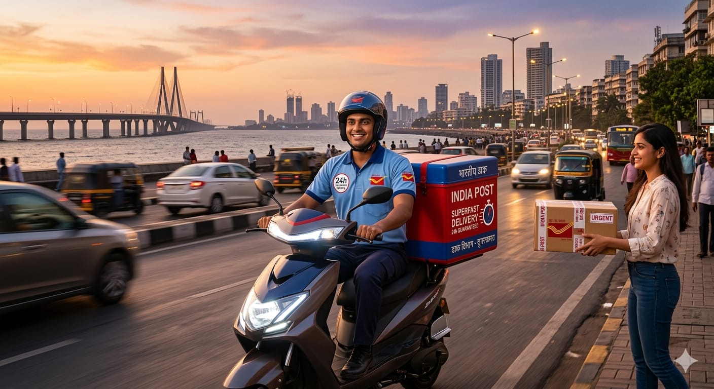 भारतीय डाक विभाग की 24 घंटे में सुपरफास्ट पार्सल डिलीवरी सेवा का प्रतिनिधित्व करता एक डिलीवरी बॉय।