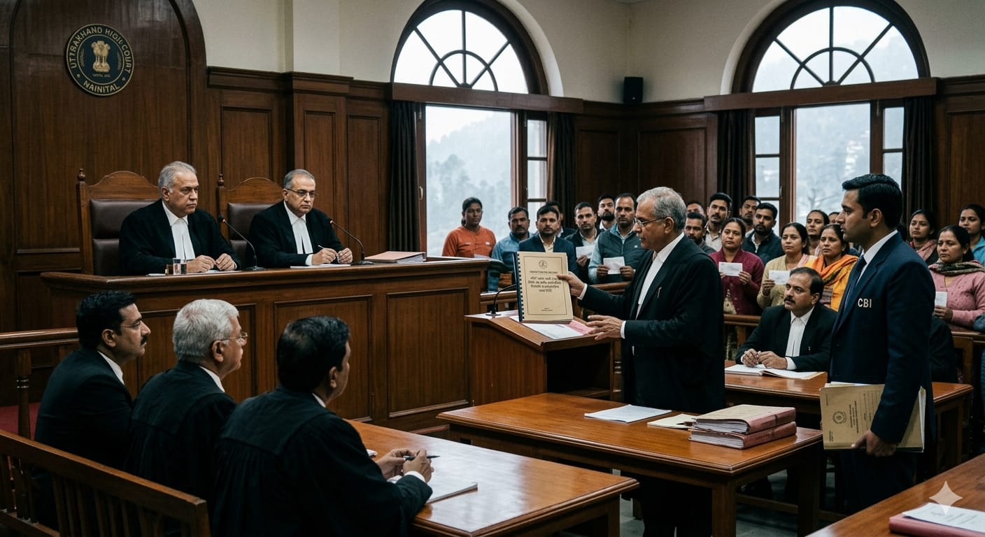 उत्तराखंड हाईकोर्ट में LUCC 800 करोड़ घोटाले की सुनवाई के दौरान सीबीआई जांच रिपोर्ट पेश करते वकील और मौजूद पीड़ित।